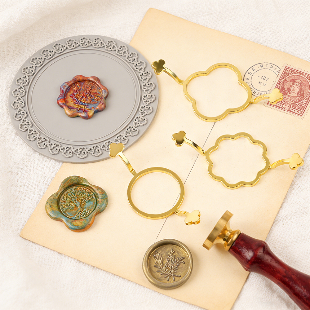 Wax Seal Stamp Set - 3個入りワックスシールスタンプモールドセット - 花、丸型、クローバーフレームモールド（シリコンマット付き）、ワックスシーリング、封筒、クラフト用