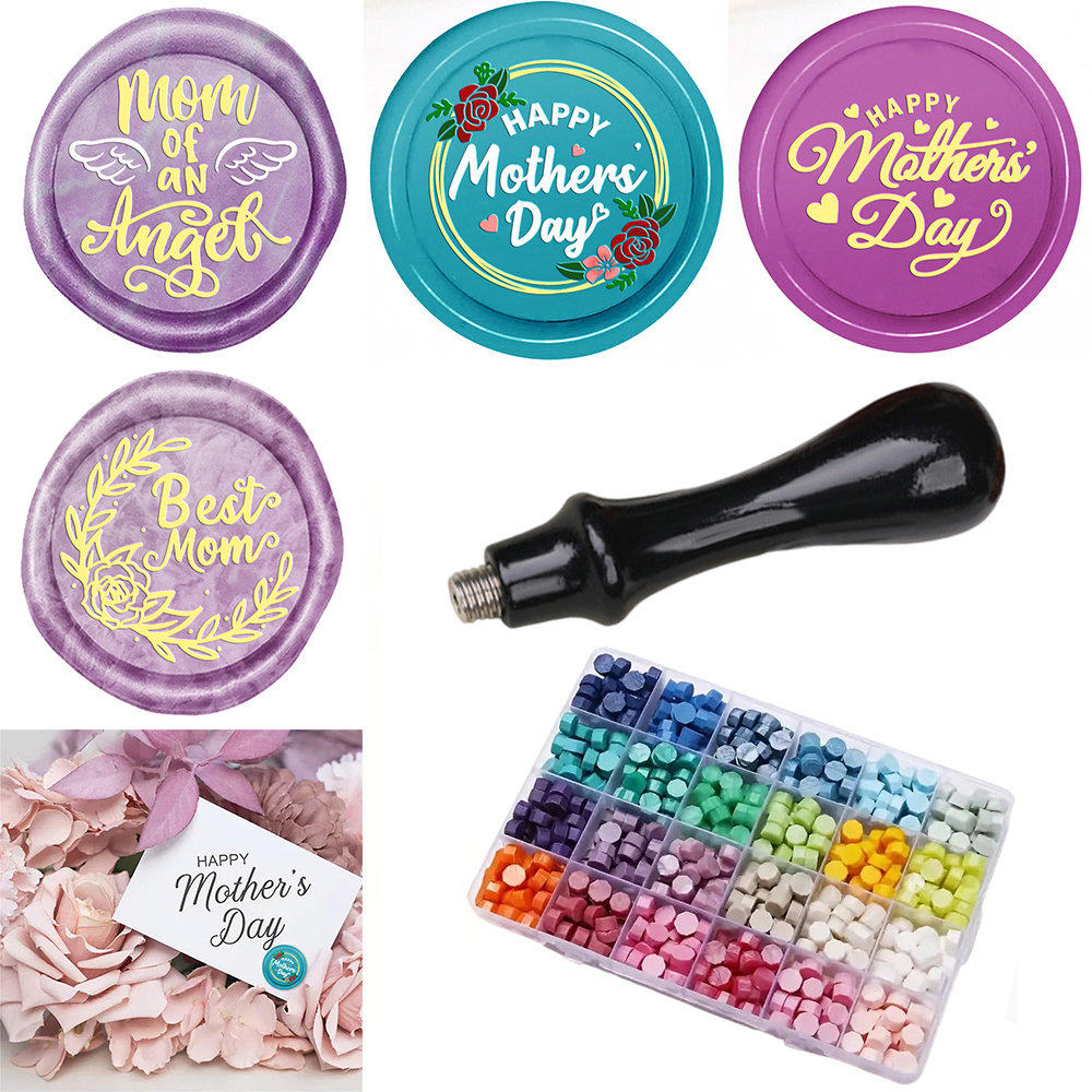 Wax Seal Stamp Set - 母の日おめでとう！ワックスシールスタンプセットキット、ハンドル付きワックスシールスタンプ、DIY招待状封筒ギフトラッピング用シーリングワックスビーズ