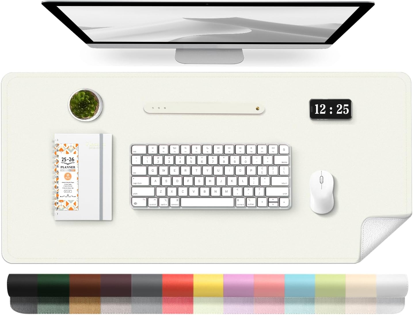 Leather Desk Pad - 39.4x17インチ レザーデスクパッドプロテクター、滑り止めPUレザー＆スエードデスクマット（オフィス・家庭用）、マウスパッド付き、ホワイト