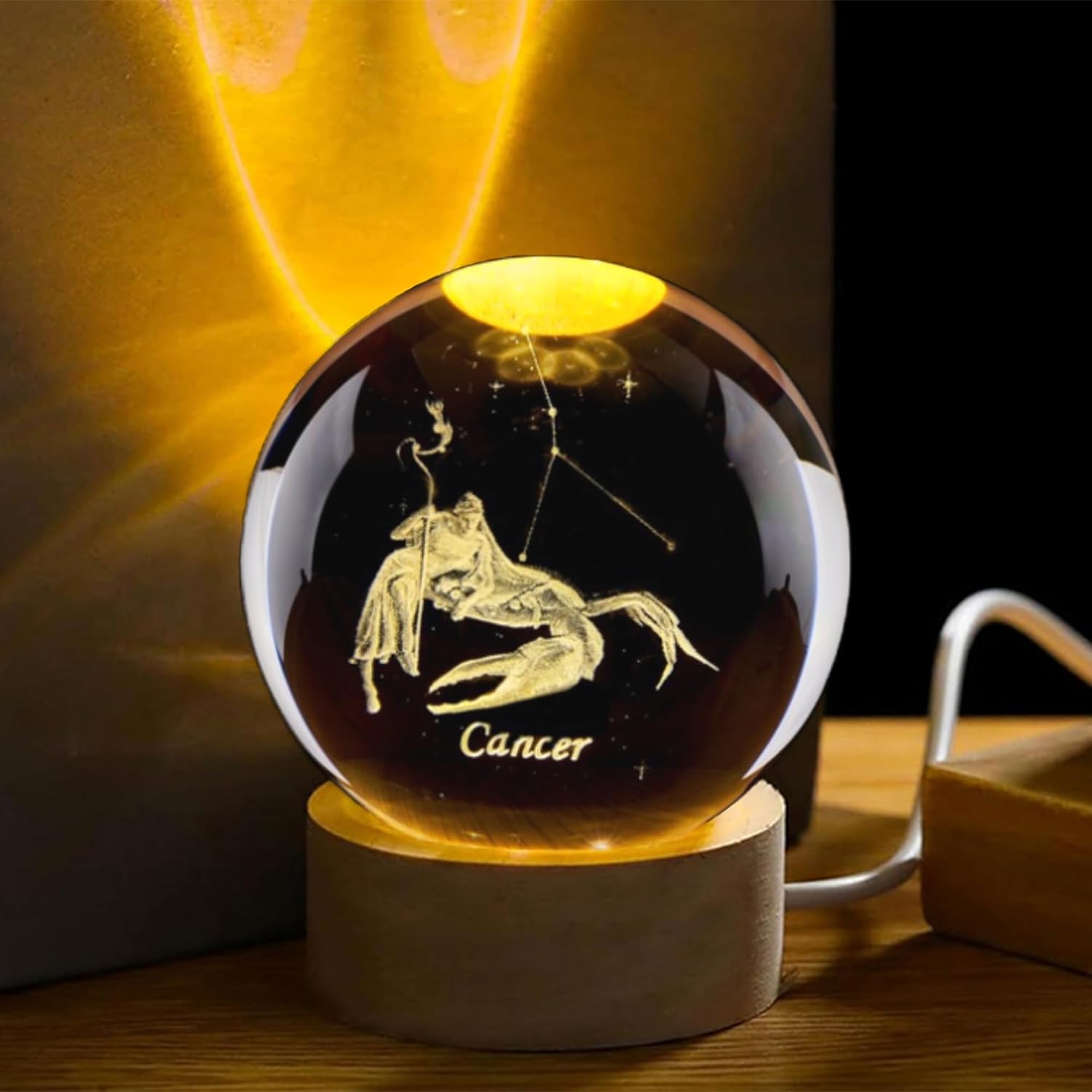 Paper Weight Crystal - 3D がん星座クリスタルボール木製ライトベースガラス球装飾ボール文鎮ギフト家の装飾