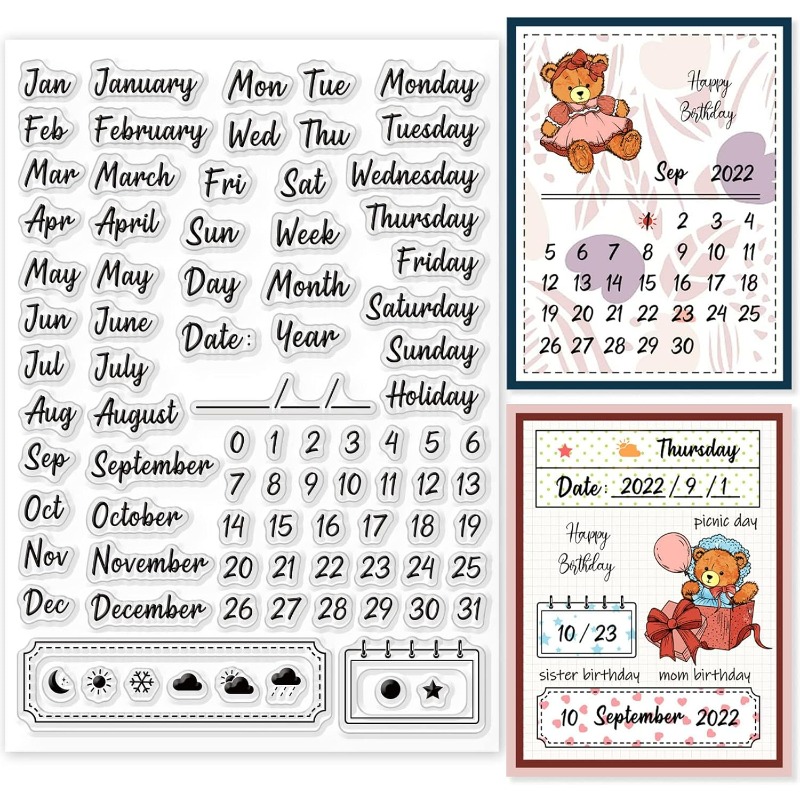 Rubber Date Stamp - 1PC 8.3 × 5.8 インチカレンダークリアスタンプ天気記号シリコーンスタンプ週ゴム印月シリコーン透明シールスタンプ