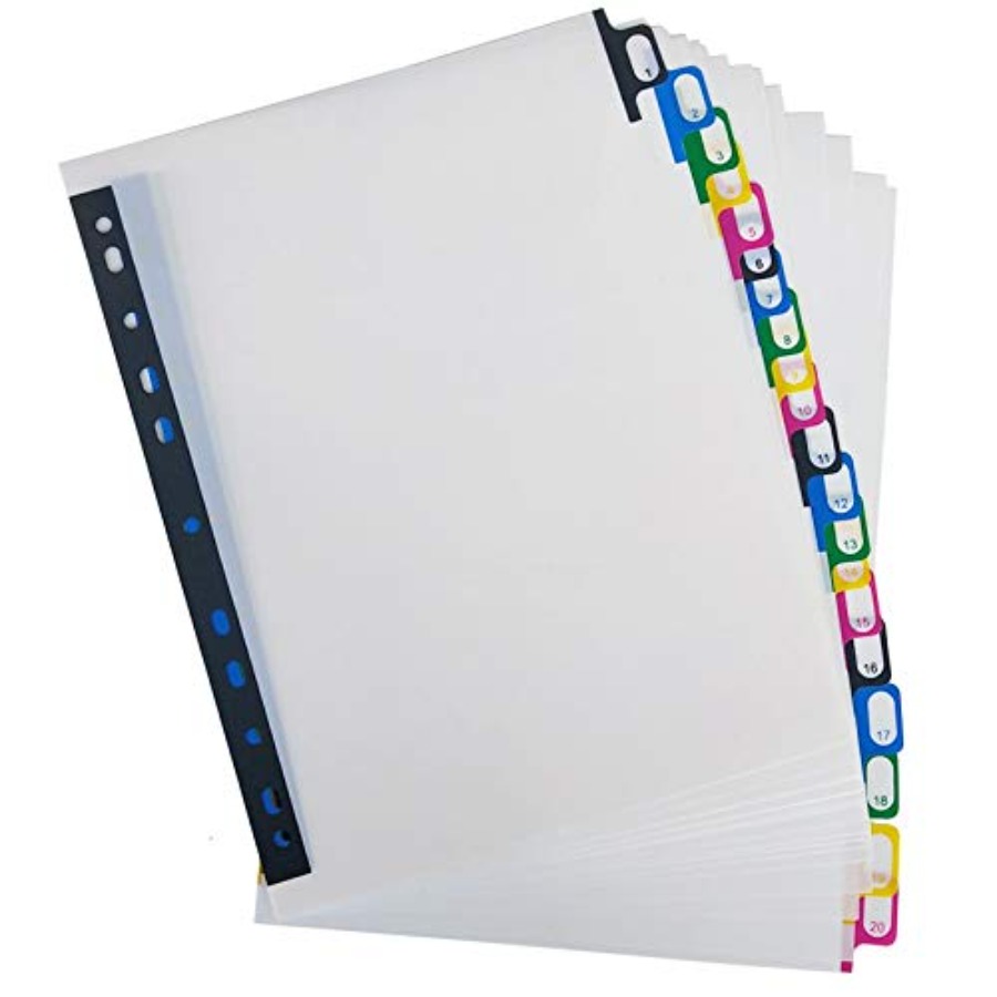 Tab Divider A4 - A4プラスチックバインダーインデックスタブディバイダー、強化された11穴デザインでほとんどのサイズのリングバインダーに適合、20枚のマルチカラータブ（8 1/4インチ x 11インチ）