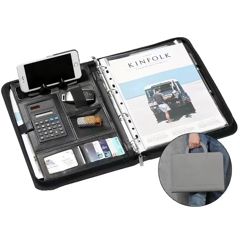 Binder A4 Lever - PU レザー A4 ジッパー電卓バインダー会議ファイルパッドフォルダーブリーフケースタブレットポータブル円形ハンドルファイルバッグ
