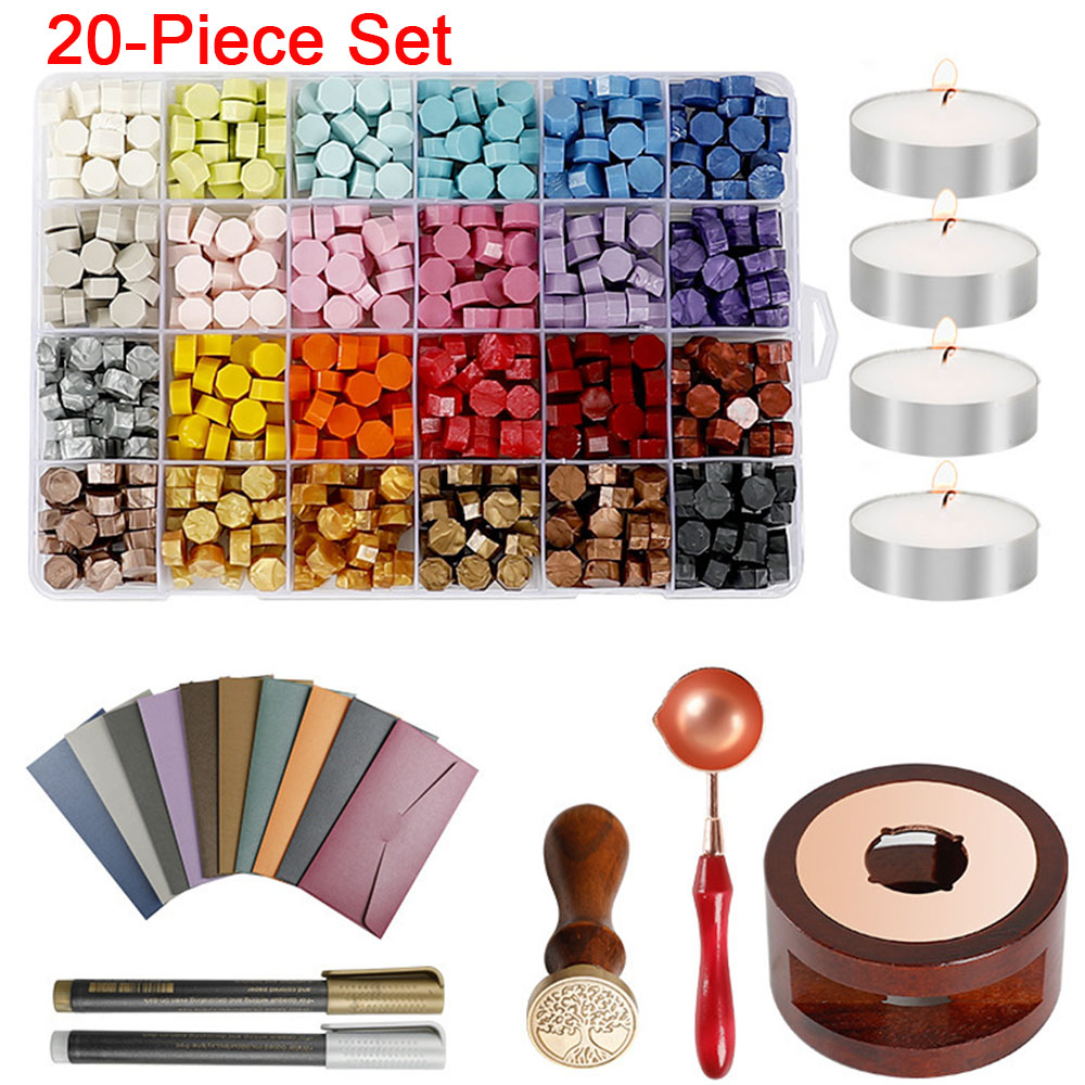 Wax Seal Stamp Set - 20個/セット ワックスシールスタンプセット ワックスペレット、ワックス溶解オーブン、封筒、ペン、封筒用キャンドル、招待状のシーリング装飾用