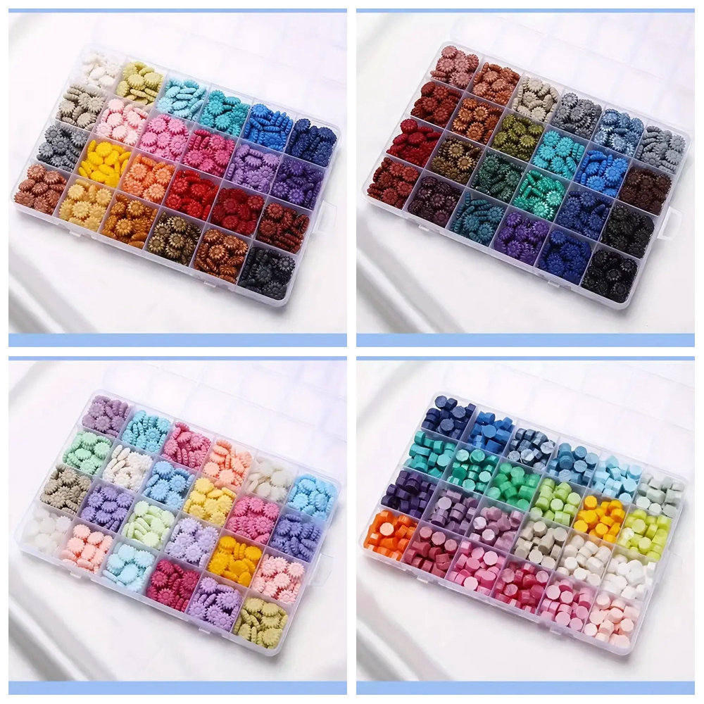 Wax Seal Stamp Set - 600個ボックスシーリングワックスビーズ、24グリッド八角形ひまわりシーリングワックスペレット、ワックスシールスタンプ用、レターワックスシールキット、レター用