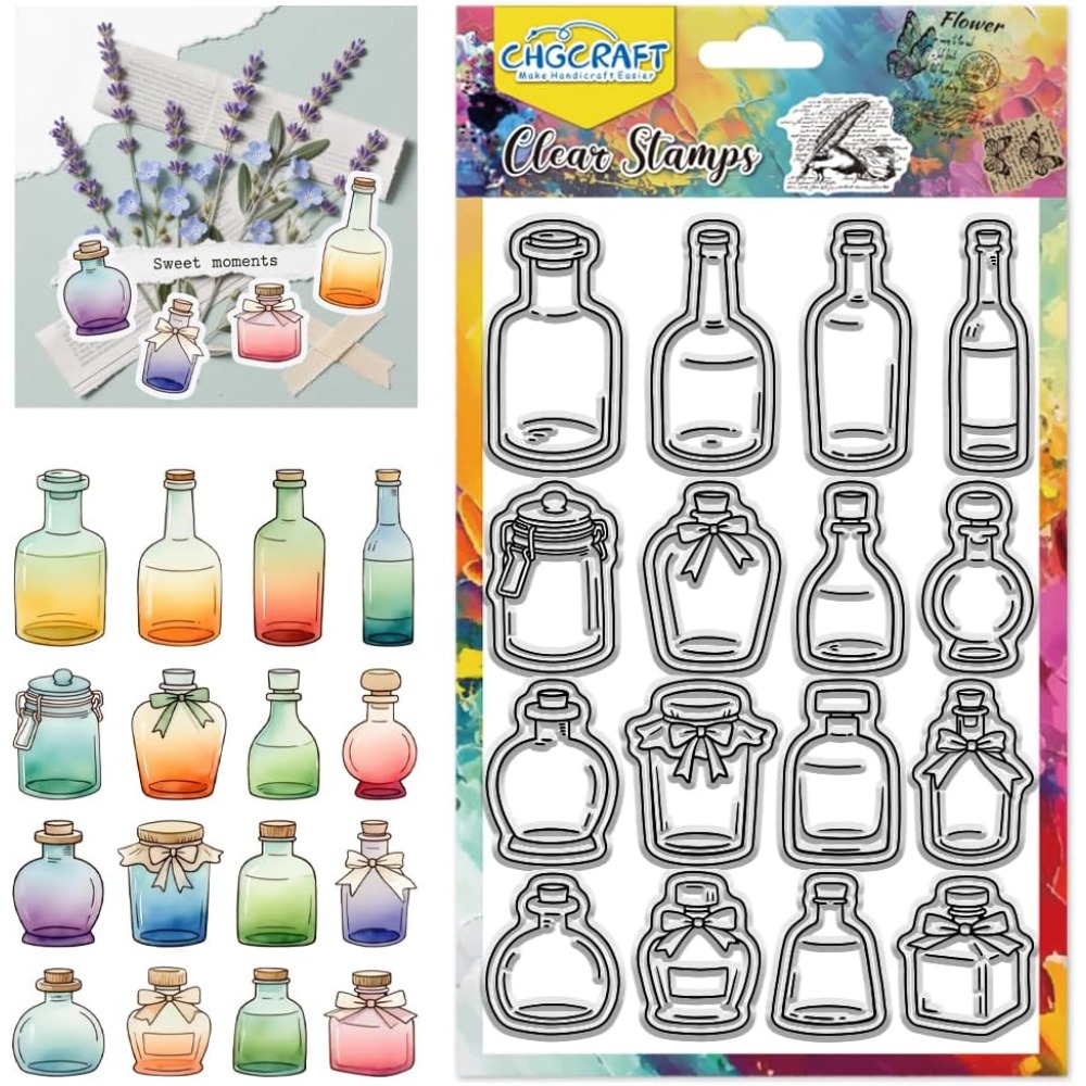 Fountain Pen Bottled Ink - さまざまなボトルスタイルのクリアスタンプ、ガラスボトルとインクウェルスタンプシール、DIYスクラップブッキングやカード作成、ペーパークラフト用